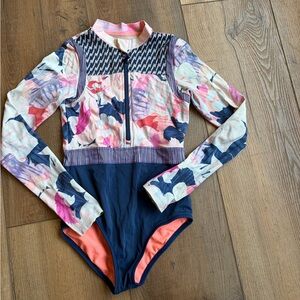 Athleta Girls' Long-Sleeve Floral Rashguard One-Piece - Navy, Pink, Coral